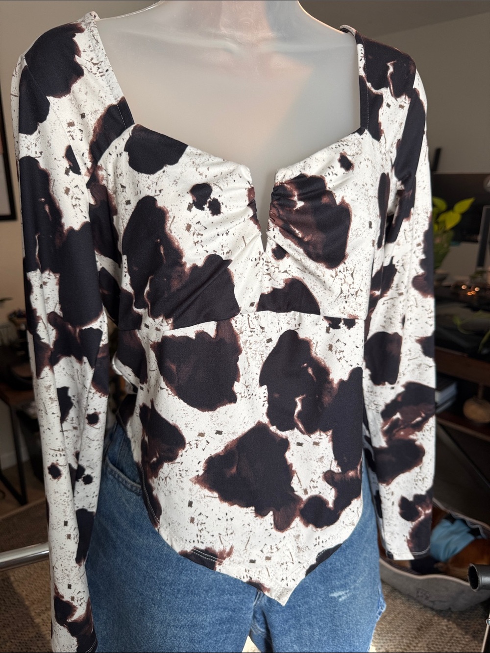 Cow Print Long Sleeve Sweetheart Neck